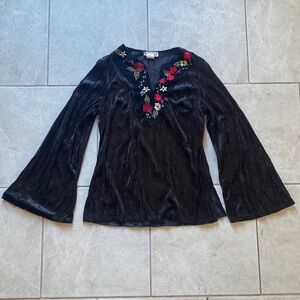 Picasso USA Vintage Suede Embroidered Floral Velvet Bell Sleeve
